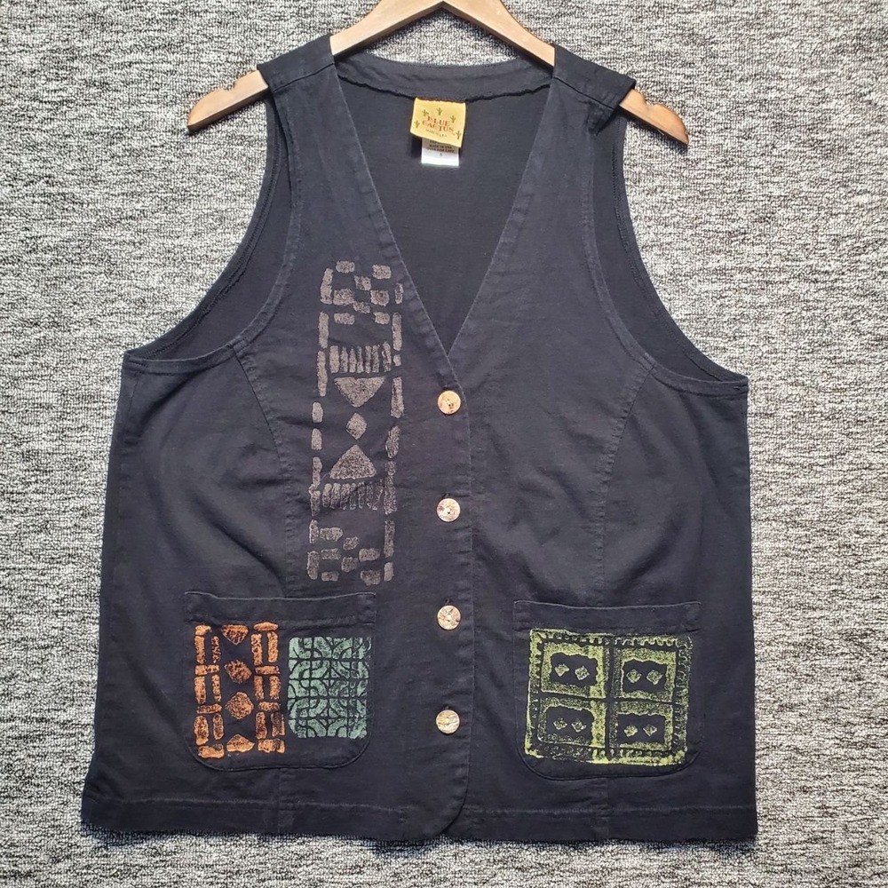 VTG Blue Cactus Art To Wear Vest Womens Small Black Cotton Southwestern Boho 90s